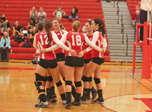 IT WAS a historic win for the Melrose Lady Raider volleyball team who beat Newton North for the first time on September 11, 3-1. (Donna Larsson photo) 