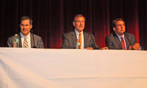 THE THREE CANDIDATES vying to represent the North Shore in the Sixth Congressional District clashed during a debate held at Danvers High School on Oct. 23. The candidates are, from left, Democratic nominee Seth Moulton, independent Chris Stockwell and Republican nominee Richard Tisei.                                 (Dan Tomasello Photo) 
