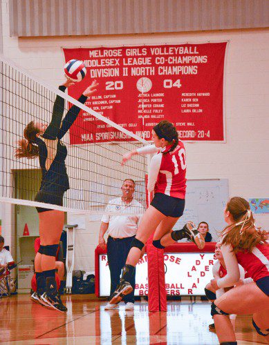 SENIOR CAPTAIN Meri Lessing had 14 kills for the Melrose Lady Raider volleyball team who advanced to Div. 2 North semifinals with a 3-1 over Bishop Fenwick. (Steve Karampalas photo) 