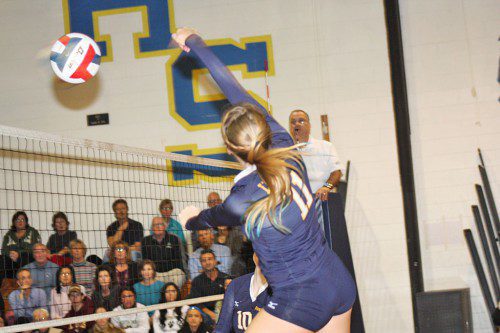 SENIOR CAPTAIN Emma Mancini (11) finished with 17 kills, nine digs and three aces during the Pioneers' 3-0 victory over Austin Prep during the Division 3 North quarterfinals on Monday.                                   (Dan Tomasello Photo)