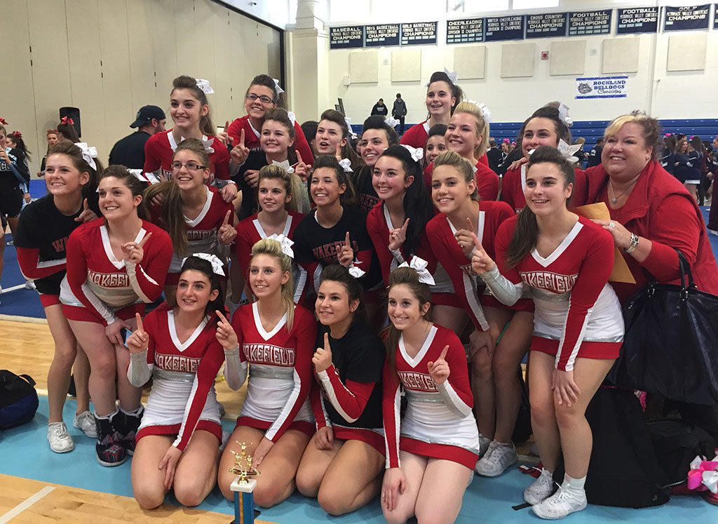 THE WAKEFIELD Memorial High School varsity cheerleaders competed at the Dracut High School invitational cheerleading competition on Saturday, Nov. 1 and took first place in Division 2 out of six teams. The Warrior cheerleaders will be competing in the Middlesex League cheerleading competition on Wednesday, Nov. 5 at Burlington High School at 7 p.m. with the hopes to advance to state regionals at Lowell High School on Sunday, Nov. 16.