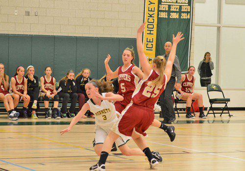 HORNET JUNIOR Julia McDonald splits the Newburyport defense and was fouled on this play as the Lady Hornets won the first varsity basketball game played in the new NRHS gym, 55–50 on Tuesday night. (Bob Turosz Photo)