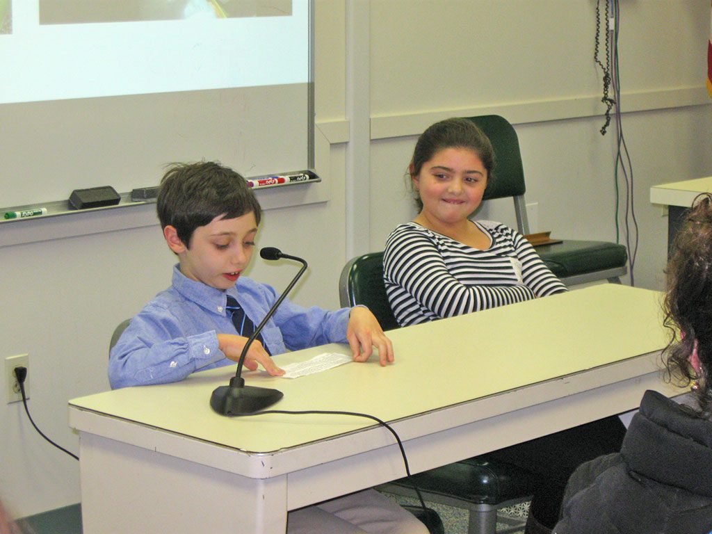 THIRD GRADERS Michael Savio and Adrianna Pascuccio gave an overview to the School Committee of their study of plants in their life sciences classes.  (Maureen Doherty Photo)