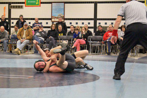 JUNIOR Max Whyman had the upper hand over his Pentucket opponent before pinning the 126 lb. Sachem in 1:14. The Black and Gold defeated Pentucket 36-8 Dec 17. (Courtesy Photo)
