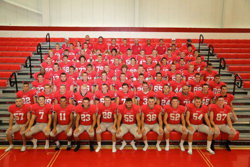 THE WMHS football team finished with a 5-6 overall record this past season. In the first row (from left to right) are Vin Murdocca, Anthony Cecere, Chris Calnan, Joe Cresta, Luke Martin, Joe DiFazio, Jack Brown, Brian Conroy, Pat Boyson and Matt Iacoviello. In the second row (from left to right) are Jake Cataldo, Andrew Wallace, Jamison Kenney, Eric Schilling, Alex Kane, Ben Joly, Brian Dickey, Dylan Brady, Alex Mansour, Ryan Burns and Chris Saponaro. In the third row (from left to right) are Alex Jancsy, Nick Nice, Jared Regan, Will Bergendahl, Tom Dascoli, Chris Riley, Matt Yirrell, Evan Gourville, Mike Morgan and Kevin Russo. In the fourth row (from left to right) are Alex Fils-Aime, Nick Elcewicz, Devin Pronco, Zach Conlon, Bradley Sletterink, Ned Buckley, Zach Kane, Matt Smith, Tighe Beck, Matt Mercurio and Logan Dunn. In the fifth row (from left to right) are Matt Murdocca, Tom Hayes, Devin Shaw, Mike Hakioglu, Paul McGunigle, Brandon Baeringer, Eric Smith, PJ Iannuzzi, Will Shea and Alex McKenna. In the sixth row (from left to right) are Brendan O’Callahan, Conor Gregson, Cole Mottl, Joe Connell, Anthony Denham, C.J. Wixon, Brad Safner, Pat Leary, Kobey Nadeau, Ryan Murray and Dan Dimeglio. In the seventh row (from left to right) are Joe Marinaccio, Mike Powers, Pat Casaletto, Ben Thompson and Carmen Sorrentino. In the eight row (from left to right) are Joey Elcewicz (special assistant to the Head Coach), Savannah Cummings, Assistant Coaches Steve Cummings, Doug Gallant and Al Lisitano, Head Coach Mike Boyages, Assistant Coaches Perry Verge, Ruben Reinoso, Tom Crusco, Zack Boyages and Justin Berry. Missing from the photo are Vin Ferretti, Ben Piercy, Rob Vozella and Bailey Ritter. (Donna Larsson File Photo)