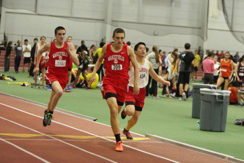 SENIORS JOE Hurton (front) and Cam Yasi (back) got first and second in the 300 meters with Hurton running 38.58 seconds and Cam Yasi clocking in at 38.72 seconds. (Donna Larsson Photo)