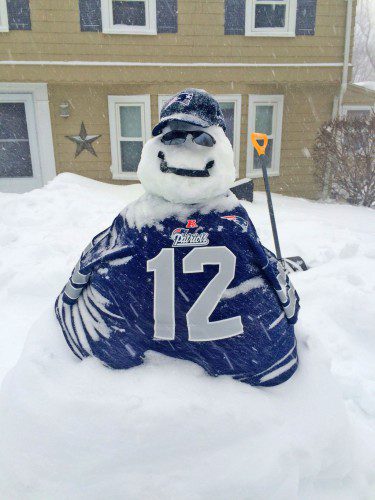 THE CARINO FAMILY of Outlook Road shows its support of the Super Bowl champion Patriots with this Tom Brady snowman in the front yard.   (Lisa Carino Photo)