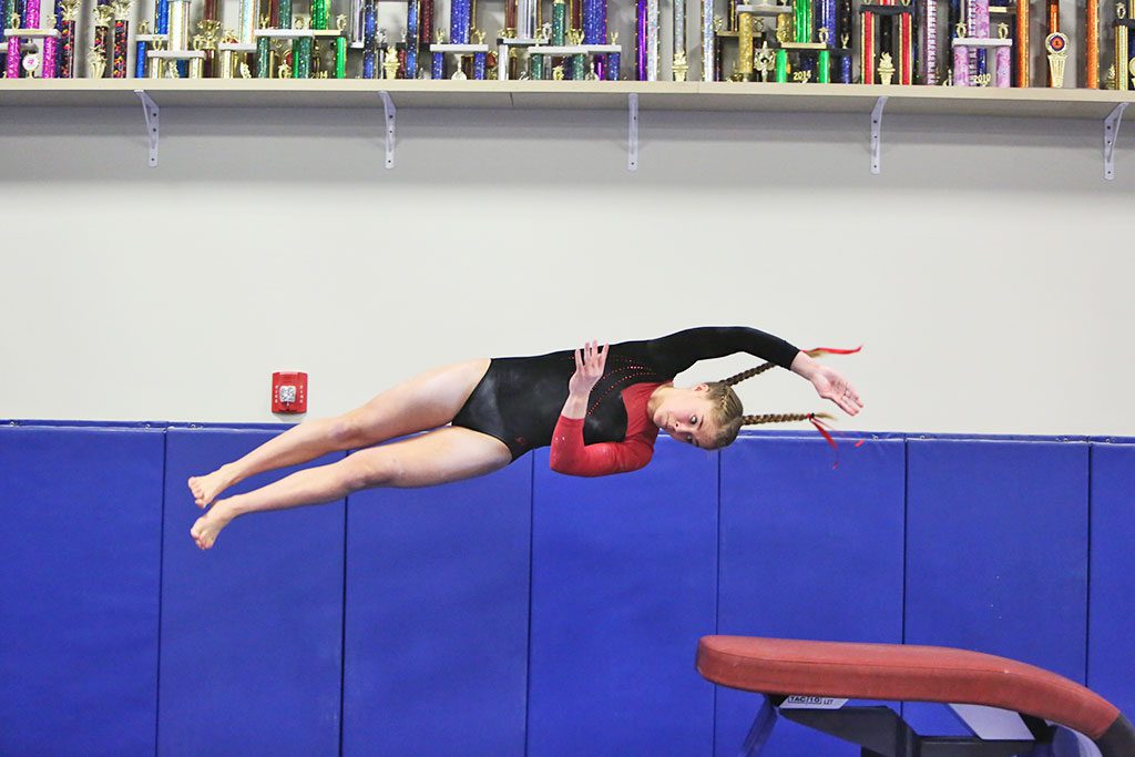 THE MELROSE High School gymnastic team suffered their first loss in 5 years when they fell to Woburn Friday night. 4-1 Melrose looks to rebound this week. Pictured is freshman Shay Fannell. (Donna Larsson photo)