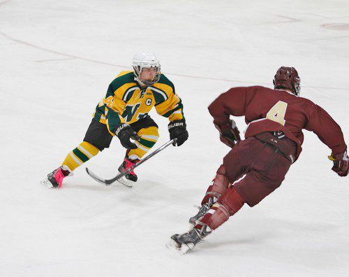 SENIOR CAPTAIN COREY COLLINS takes on his opponent. The boys varsity hockey team fell to Haverhill in the MIAA Division 2 North semi–finals. (Stephanie Tannian Photo)