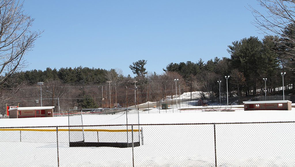 WALSH FIELD remains covered under about a foot of snow due to the severe winter weather. It could be some time before the Warrior baseball team gets onto the field for practice and for games. (Donna Larsson Photo)