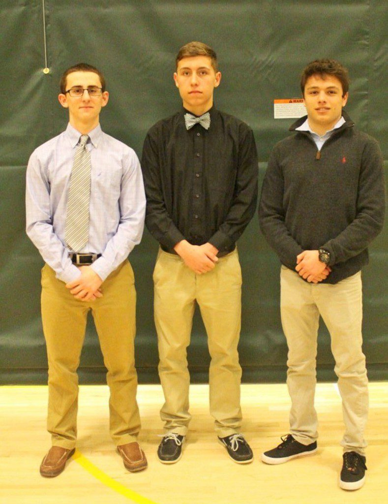 THE LYNNFIELD-NORTH READING co-op wrestling team held its end of the season banquet last week during which the team elected captains for the 2015-16 season. From left, North Reading captain Michael Reardon and Lynnfield captains Zach Monzione and Max Whyman. (Courtesy Photo)