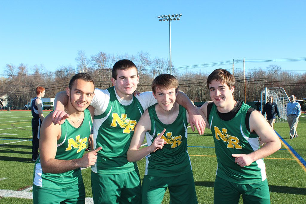 THE BOYS 4x100 Relay Team beat Pentucket and Triton in last week's tri-meet at NRHS and their time of 45.20 was state qualifying as well. From left: Junior Nick Copelas, Senior Alex Brown, Junior Jackson Hastings and Junior Nick Govostes. (Heidi Hastings Photo)