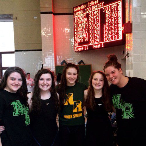 NRHS SWIM TEAM members at the girls sectional meet held at Wellesley College, from left to right: Nicole Shedd, Nicole Gallant, Kimberly Bockley, Anna Jones, and Julia Meile. (Courtesy Photo)