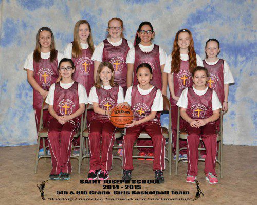 THE ST. Joseph School Fifth and Sixth Grade Girls’ basketball team had an enjoyable and successful season participating in the Middlesex Catholic Elementary Schools Basketball League.  The team advanced to the semi-finals of the league tournament and also qualified for the Boston Archdiocesan Tournament.  The team was coached by Ted and Theresa Gaffney. The players sitting are Christine Hinds, Emily McPhail, Emily Taylor and Stephanie Curran. The players standing are Anna Scarpello, Maeve Gaffney, Julia Kennedy, Sophia Elkhaouli, Celia Casale and Kara Smail.
