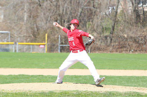 The Melrose Red Raider baseball team took a 6-2 win over Burlington on April 22 and a victory on Monday over Watertown, where Melrose hurler Justin McCarthy pitched for a win. (Donna Larsson photo) 
