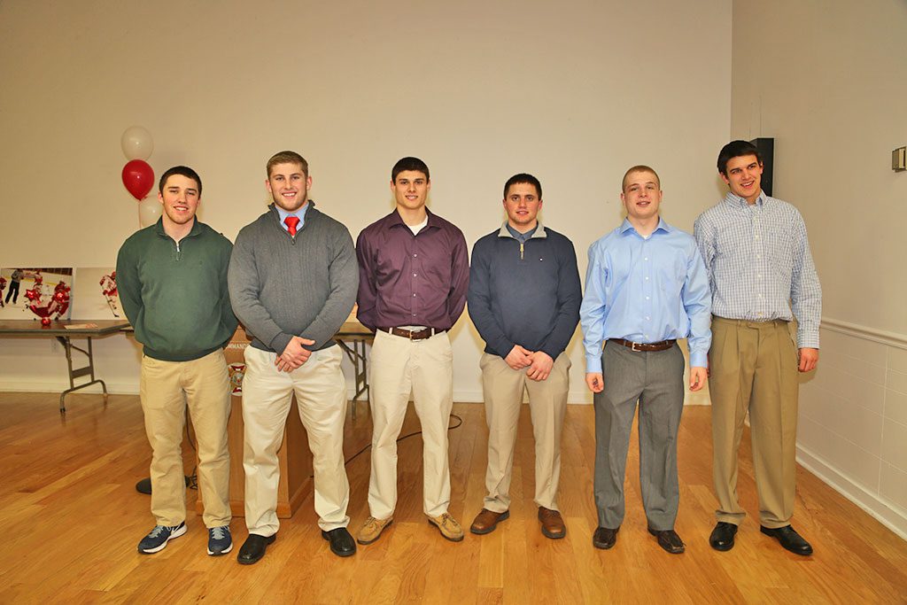 Members of the Melrose High School boys' hockey team gathered this week for their annual year-end banquet. A number of awards were given out including some to their seniors. They are pictured from left to right: Ryan Feeney, captain Jack Hickey, captain Jake Karelas, captain Zack Mercer, captain Brian McLaughlin and goalie Tyler Brown. Among the awards given: Jack Hickey earned the Coaches award, Jake Karelas the Defensive Player of the Year Award, Brian McLaughlin the Offensive Player of the Year Award and Zack Mercer the Red Raider Award. (Donna Larsson photo) 
