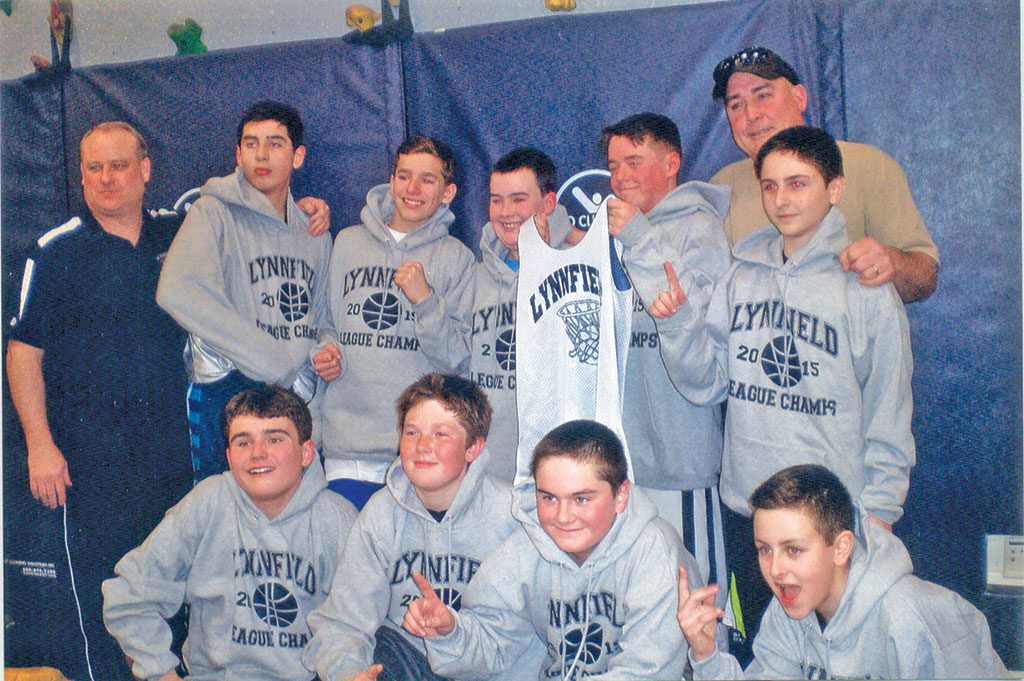 HERE ARE THE 2015 champs of the Lynnfield Town Youth Basketball League. The team's record was 9-2; they won three consecutive playoff games. Standing, from left: head coach Bob Clattenberg, Nick Baldini, Ben Kramich, Bryan Mallert, Colby Clattenberg, Michael Mirabella and assistant coach Bill Mallert. Front row, from left: Jack Michalski, Christian Maney, John Singer and Andrew Vittiglio. Missing from photo: Mason Monkiewicz. (Courtesy Photo)
