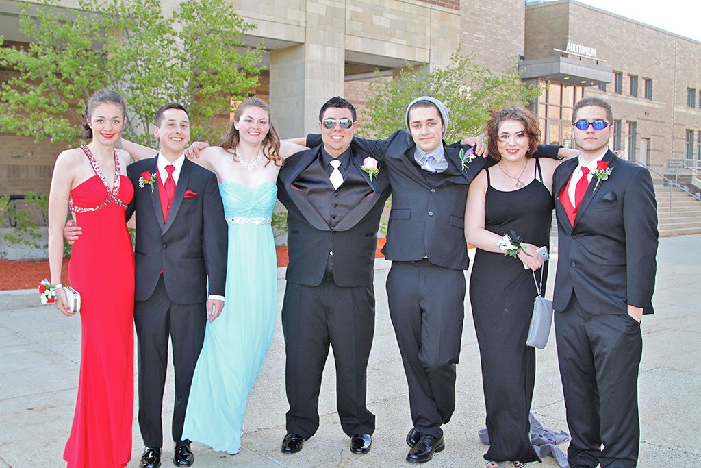 HAYLEY MOSS, Bryce MacEdo, Caitlin Carney, Ameer Noufal, Gabe Solomon, Stacy Comeau and Nick Litardo pose before heading off to the junior prom Friday, May 8, held at the Black Swan Country Club in Georgetown. (Donna Larsson Photo)