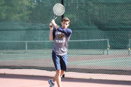 SENIOR Michael Romano defeated his first singles counterpart in straight sets, 6-0, 6-0 during the Pioneers’ 5-0 victory over Amesbury on May 9. Lynnfield’s victory over the Indians was the locals’ first win of the 2015 season. (Dan Tomasello Photo)