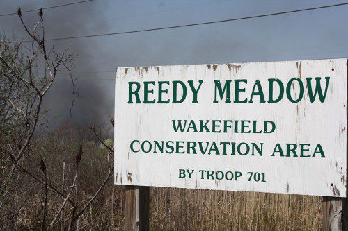 SIXTY-FIVE ACRES burned last Wednesday in Reedy Meadow. Crews from 11 departments battled the massive brush fire for over six hours.  The cause of the fire remains under investigation.(Maureen Doherty Photo)