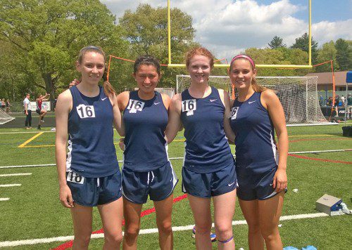WE ARE the champions. Lynnfield's distance medley relay team captured the Div. 4 state title at the 41st annual State Coaches Relays on Sunday. Running a combined time of 13:07.47 were (from left): Kate Mitchell (1600), Tia Patterson (1200), Marie Norwood (800) and Emily Scollard (400). (Courtesy Photo)