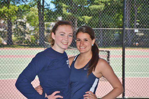 THE FIRST DOUBLES tandem of sophomore Katie Nevils (left) and junior Olivia Skelley advanced to the semifinals of the North Sectional Singles and Doubles Tournament at Lexington High School on Saturday, May 23. (Jane Skelley Photo)