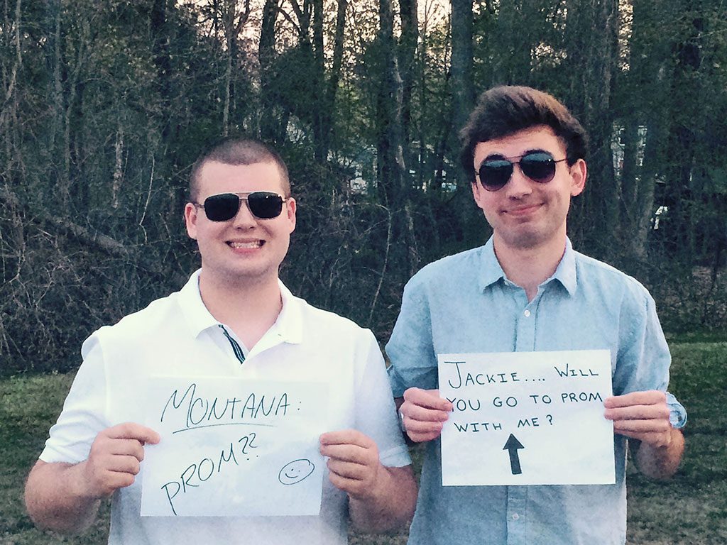 WITH THE SENIOR PROM fast approaching, (June 1 at the Boston Marriott in Burlington), Matthew Stead and Jake O'Connell decided on a novel approach to ask for dates. (Courtesy Photo)