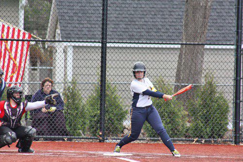 PIONEER assistant captain Kelly Hosterman belted a blooper to short right field for a 2RBI single with two outs leading to a walk-off 6-5 victory over Masconomet last Friday. (Maureen Doherty Photo)