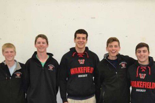 THE WMHS boys' hockey team recently held its award banquet and gave out several awards. From left to right are Tyler Pugsley (Rookie of the Year), Joe Stackhouse (Love of Game), Derek Bye (Character & Commitment), James McAuliffe (Rookie of the Year) and Anthony Funicella (Coach's Award). Missing from the photo is Domenic Bruno (Versatility Award).