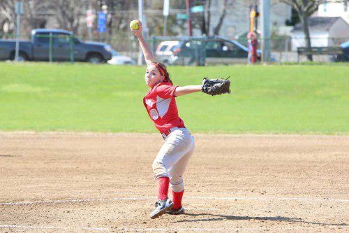 ALEXIS TRUESDALE pitched six innings and earned the victory for the Warrior softball team. Wakefield blasted Somerville by a 15-1 score yesterday afternoon in the season finale at Vets’ Field to finish the regular season at 14-6. (Donna Larsson File Photo)