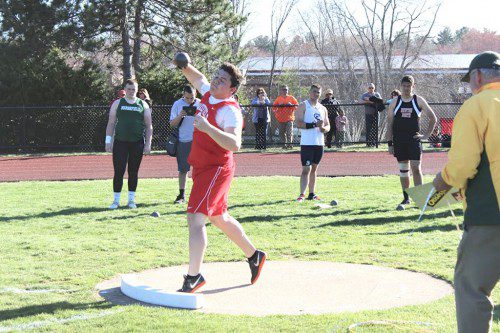 BEN JOLY, a senior, captured first place in the shot put with a throw of 49-11 at the Middlesex League 12 Track and Field Championship Meet yesterday at Regis College.