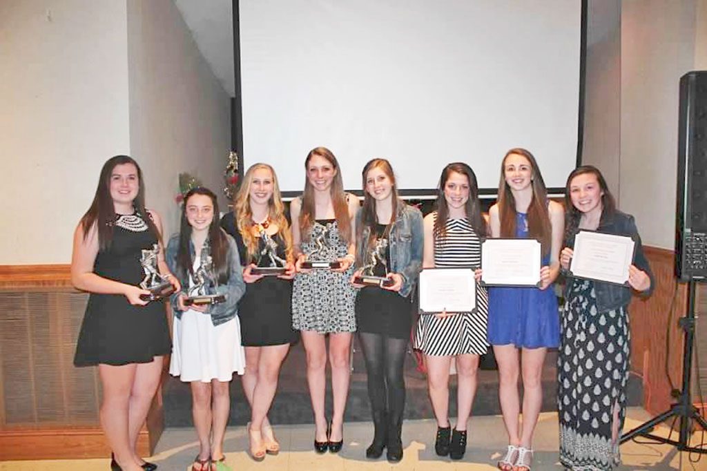THE WMHS girls’ hockey team recently held its awards banquet and gave out several awards. From left to right are Abby Chapman (Most Improved), Brooke Lilley (Rookie of the Year), Meaghan Kerrigan (Unsung Hero), Julianne Bourque (Most Valuable Player), Miriam Wood (Warrior Sportsmanship), Meghan Guarino (Weight Room: Coaches Award), Megan Horrigan (Weight Room: Best Overall Performer) and Courtney Hill (Weight Room: Most Improved). (Brigid Scanlon Photo)