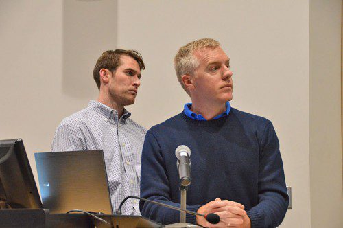 KINDER MORGAN SPOKESMEN Steve Keady, (left) and Michael Lennon took questions from residents and town officials Monday night regarding the proposed natural gas pipeline through town. (Bob Turosz Photo)