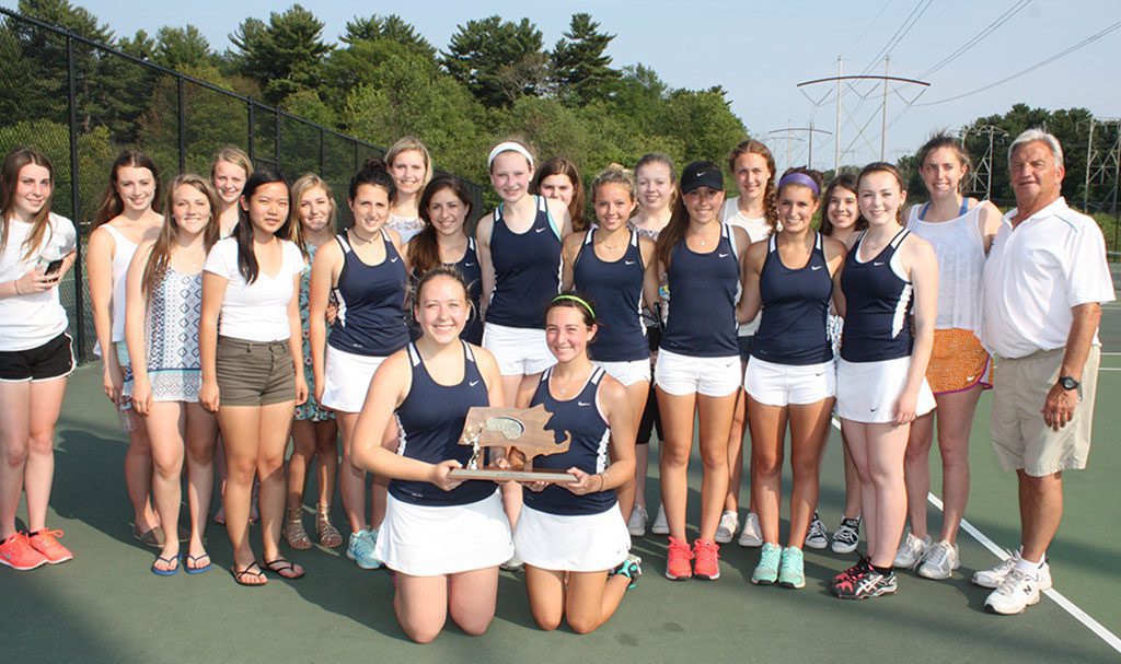 THE GIRLS’ TENNIS TEAM celebrates winning its second straight and 12th overall Division 3 North sectional championship after defeating North Reading 5-0 at Rahanis Park on Friday, June 12. Front row, from left, senior captains Kelley Nevils and Izzy Figucia. Second row, from left, Madison McCormick, Jocelyn Wang, Rachel Maglio, Amanda Stelman, Katie Nugent, Camie Foley, Sarah Mezini, Olivia Skelley and Katie Nevils. Back row, from left, Melanie Richard, Nicole Davie, Ally D’Amico, Kristina Cushing, Jen Pagliuca, Laura Mucci, Allison Carey, Danielle Douglas, MaryKate Deighan and head coach Craig Stone. (Dan Tomasello Photo)