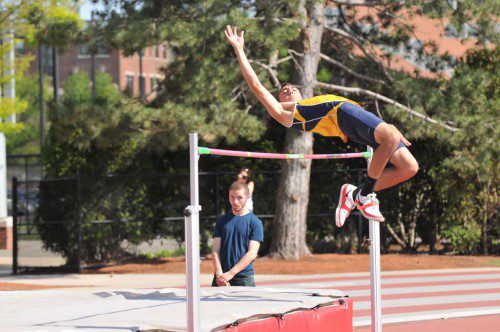 MERRIMACK track and field star John Braga won the decathlon at the Northeast–10 Conference Outdoor Championships with a league and school record–setting point total of 6,531. He won five out the 10 events, including the high jump at 1.92m (6' 3"), and earned first team All–Conference honors. (Mark Connolly Photo)