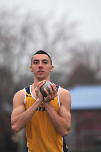 AT THE New England Outdoor Championships, John Braga set another Merrimack school record for total points in the decathlon with 6,681 and was ranked 22nd nationally among Div. II decathletes. Placing second overall by just three points, he also set four personal event records. (Mark Connolly Photo)