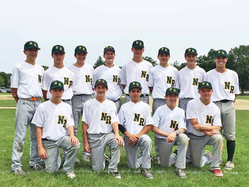 ALL-STAR SMILES: North Reading Little League’s 13/14-year-old Tournament Team completed District play with an unblemished 3-0 mark – defeating Stoneham, Woburn, and Wakefield – for the right to advance to the District championship game, played on Tuesday night. A victory in that game would send the team onto the Sectional Championships starting this weekend. Pictured are (front row, left to right): Dylan Babcock, Trevor Wilson, Dan Lignos, Alex Wallner, and Mark Desmond; (second row): Cole Doke, Alex D’Ambrosio, Ryan Veneziano, Matthew Capozzoli, Alex Suny, Matt Solecki, Ryan Connor, and Derek Reilly. (Courtesy Photo)