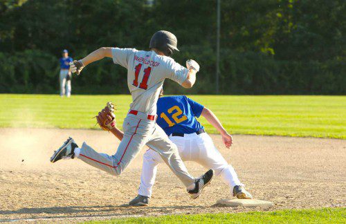 ANTHONY CECERE (#11) is out at first base during recent game for the Wakefield Townies of the Middlesex Senior Babe Ruth League. Cecere reached safely on a fielder's choice to drive in one of Wakefield's three runs last night in a 9-3 loss to the Malden Bambinos at Walsh Field. (Donna Larsson File Photo)