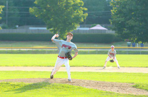 TYLER PUGSLEY pitched seven shutout innings last night for the Townies A team in their game against Melrose. The right-hander gave up four hits and walked one. Pugsley got a no decision as Wakefield pulled out a 1-0 triumph over Melrose in the eighth inning. (Donna Larsson Photo)