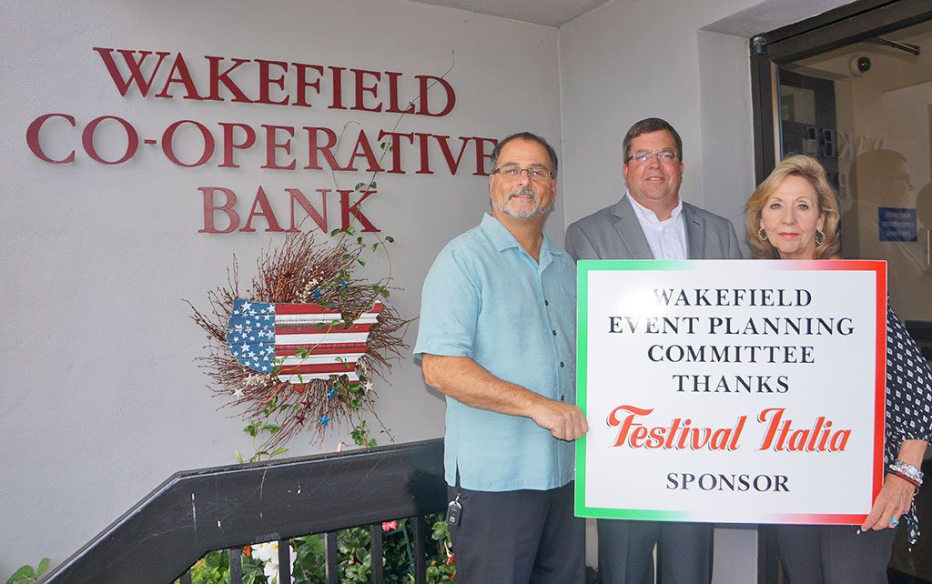 THE WAKEFIELD Event Planning Committee would like to thank Wakefield Co-operative Bank for their generous support of Festival Italia. The bank is an annual sponsor of the festival and will also have a free photo booth stationed outside of the main office at 342 Main St. again this year. From the left are Paul DiNocco, chairman of Event Planning Committee; Michael Wolnik, Wakefield Co-operative president and CEO; Elaine Guaetta, Wakefield Co-operative assistant vice president and main office branch manager. Festival Italia will be held Friday and Saturday.