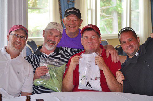 FIRST PLACE FINISHERS in the Horseshoe Grille's annual Jimmy Fund Golf Tournament. From left: John Meaney, Brian Meaney, Dave Lopilato, Dave Doherty and Chuck Cimalone. (Kathi Lee Photo)