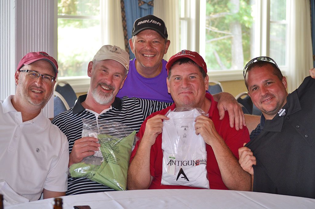 FIRST PLACE FINISHERS in the Horseshoe Grille's 30th annual Jimmy Fund Golf Tournament, held Monday. From left: John Meaney, Brian Meaney, Dave Lopilato, Dave Doherty and Chuck Cimalone. (Kathi Lee Photo)
