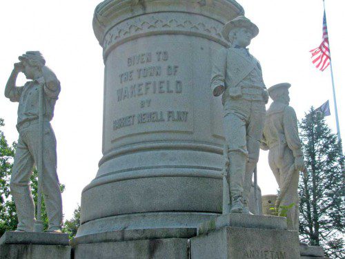 A SOLDIER’S MISSING ARM is just one example of the damage and deterioration that the Soldiers and Sailors Monument on Veterans Memorial Common has sustained in through its 113 years as a memorial to Wakefield’s Civil War fighters. (Mark Sardella Photo)
