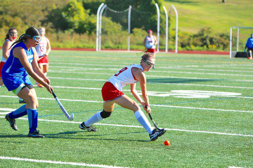 MEG HORRIGAN, a junior midfielder, helped to set up Wakefield's first goal on a penalty corner last night in the Warriors' road game at Wilmington. Despite a good effort, Wakefield was edged by a 2-1 score. (Donna Larsson File Photo)