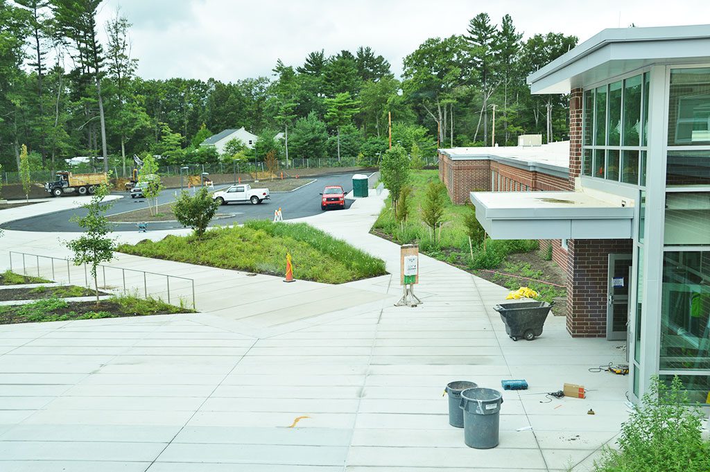 THE FRONT ENTRANCE PLAZA of the new middle entrance school (at right) and the new high school (at left, not shown), can be seen from the new second story middle school classrooms. (Bob Turosz Photo) 