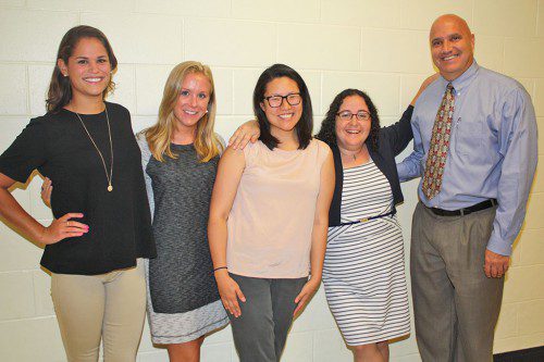 MIDDLE SCHOOL PRINCIPAL Stephen Ralston (at right) introduced four new middle school teachers at the school department’s new teacher orientation program on Aug. 26. From left, adjustment counselor Erin Clasby, special education teacher Kelsea Dolan, school psychologist Dana Cho, library media specialist Rachael Pokrovski and Ralston. (Dan Tomasello Photo)