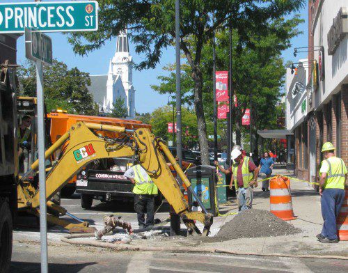 WORK CONTINUED last week at the corner of Main and Princess streets, as the town is replacing a water main in the downtown. (Mark Sardella Photo)