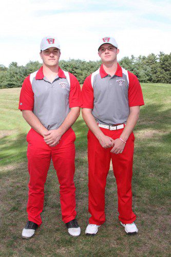 THE WMHS golf captains, senior Steven Melanson (left) and Dylan Melanson (right), came up with key victories in Wakefield’s tri-match against Arlington and Woburn. With the two wins, the Warriors qualified for the Div. 2 North Tournament for the third straight year. (Donna Larsson File Photo)