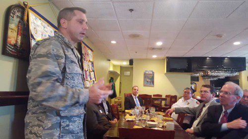 LIEUTENANT COLONEL Robert Driscoll recently spoke to the Rotary Club. In attendance were eight veteran Rotarians.