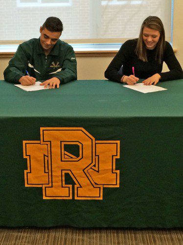 NRHS SENIORS Nick Ponte and Julia Valenti sign their letters of intent to compete athletically for colleges next year – Ponte and Merrimack and Valenti at Dartmouth. (Courtesy Photo)